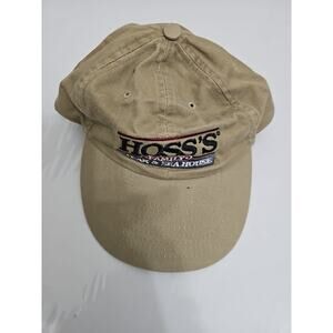 VINTAGE Hoss's Family Steak & Seahouse Hat Beige Leather Strap Embroidered Logo